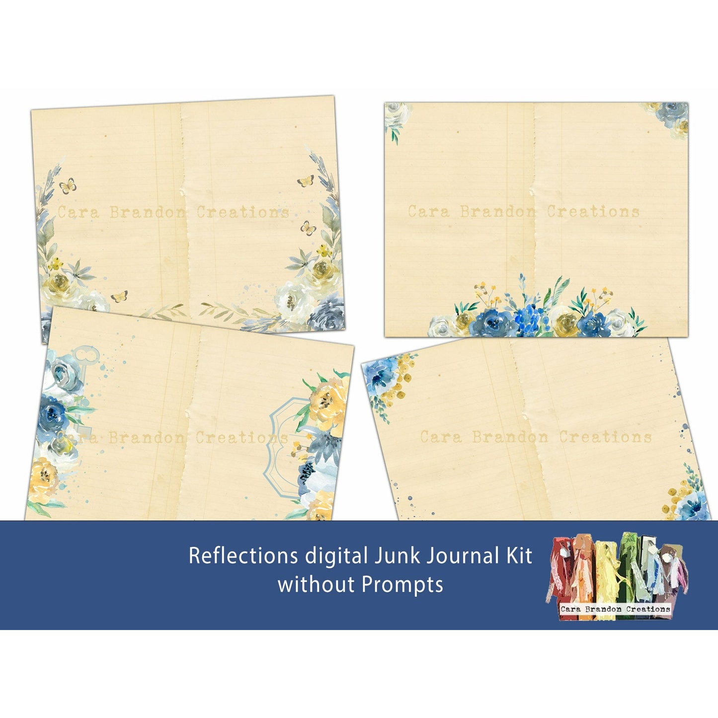 Blue and Yellow Floral Digital Junk Journal kit