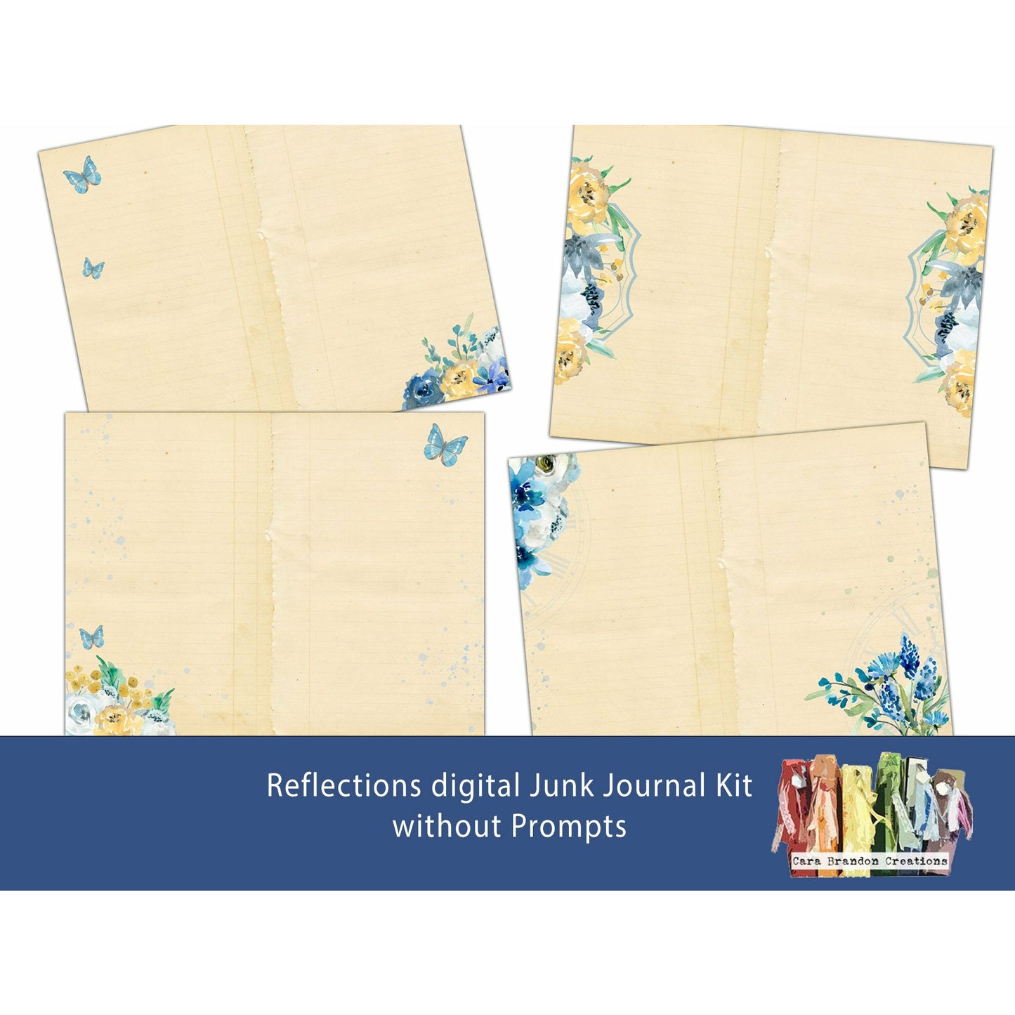 Blue and Yellow Floral Digital Junk Journal kit